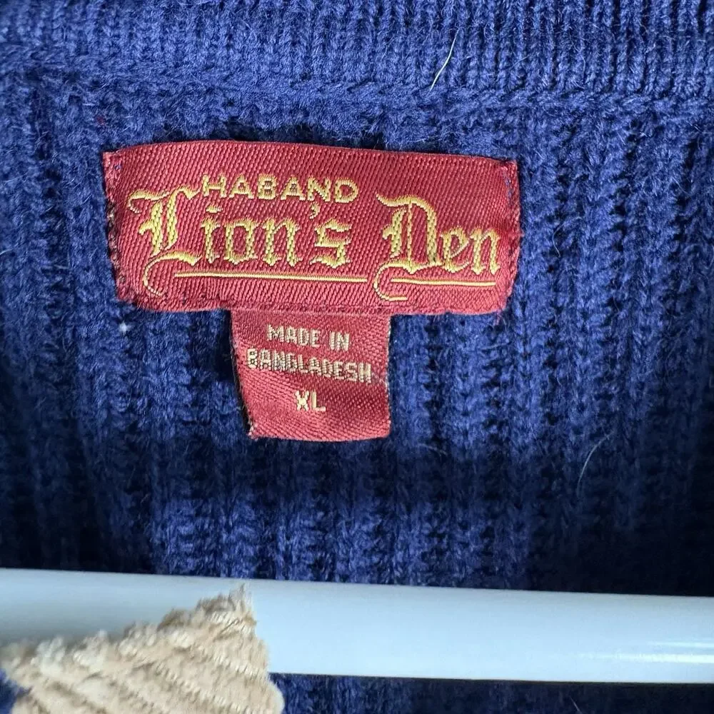Vintage Haband Lions Den Sweater Mens XL Blue Ribbed Wool Blend Corduory Henley